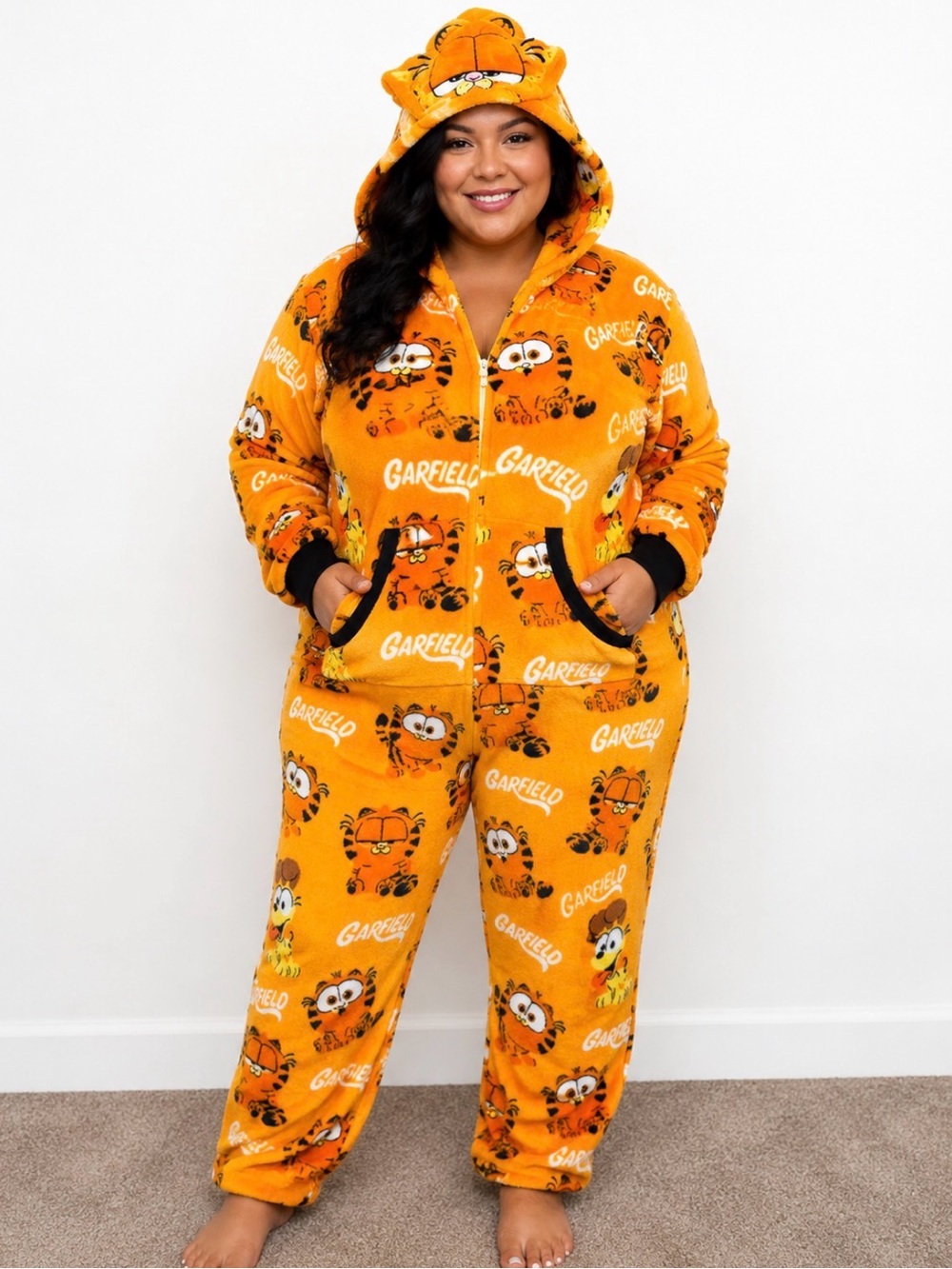 Garfield Orange Plush Fleece Hooded One Piece Pajama Onesie Halloweenz SZ XL
